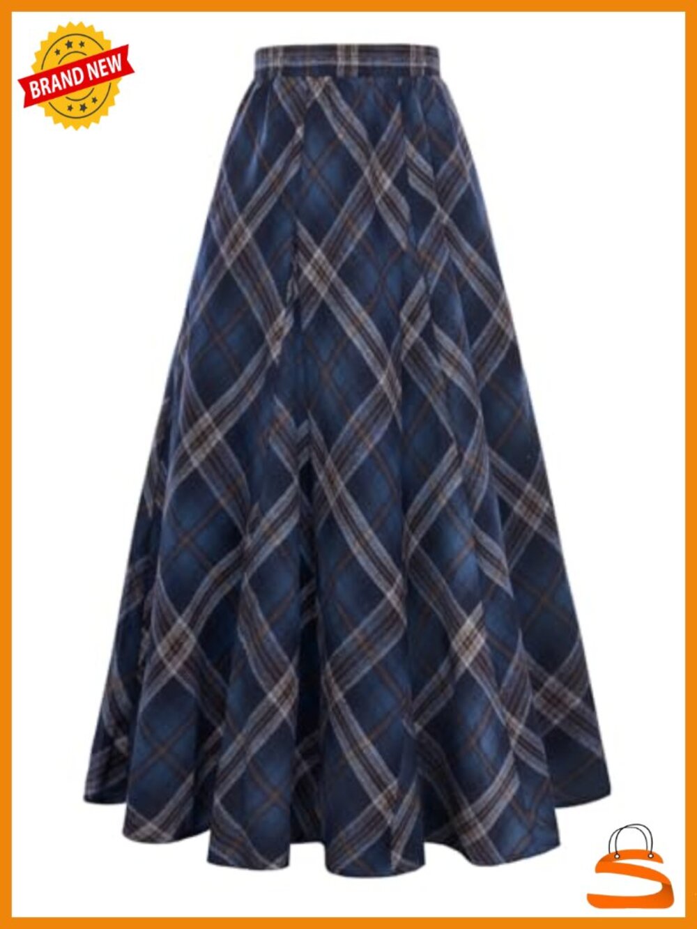 High Waist A-Line Maxi Skirt with Pockets Elastic Waist Plaid Design